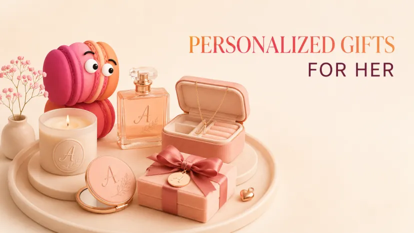 Luxurious personalized gifts for her featuring monogrammed candle, perfume bottle, jewelry box, compact mirror and gift box with charming macaron character.