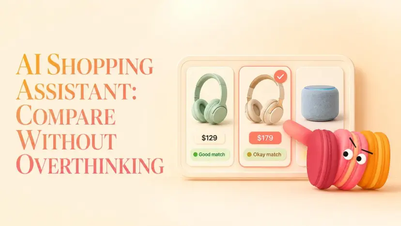 A colorful macaron character points to a product comparison interface generated by an ai shopping assistant.
