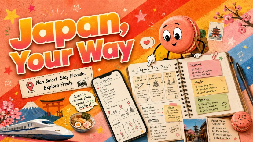 A colorful Japan trip planner illustration featuring a travel checklist, train, and map to help you organize your Japan trip.
