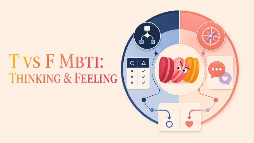 T vs F MBTI: thinking vs feeling decision making styles. Circular infographic with macarons and logic vs compass icons.