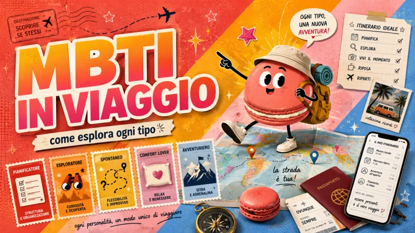 Copertina guida MBTI in viaggio con francobolli sulle tipologie di viaggiatore e macaron con zaino.