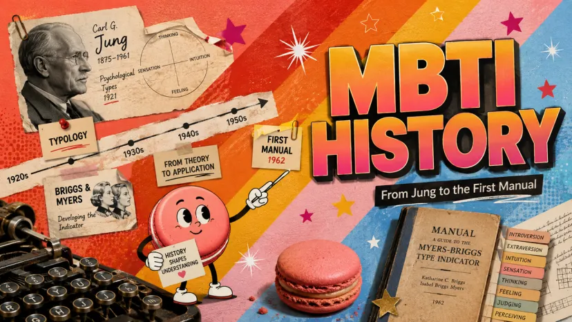Infographic outlining MBTI history timeline from Carl Jung to the first manual in 1962.