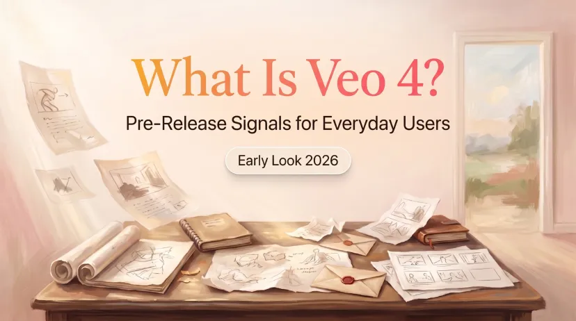A conceptual desk scene illustrating Veo 4, a new AI tool designed to provide creative signals and resources for everyday users.