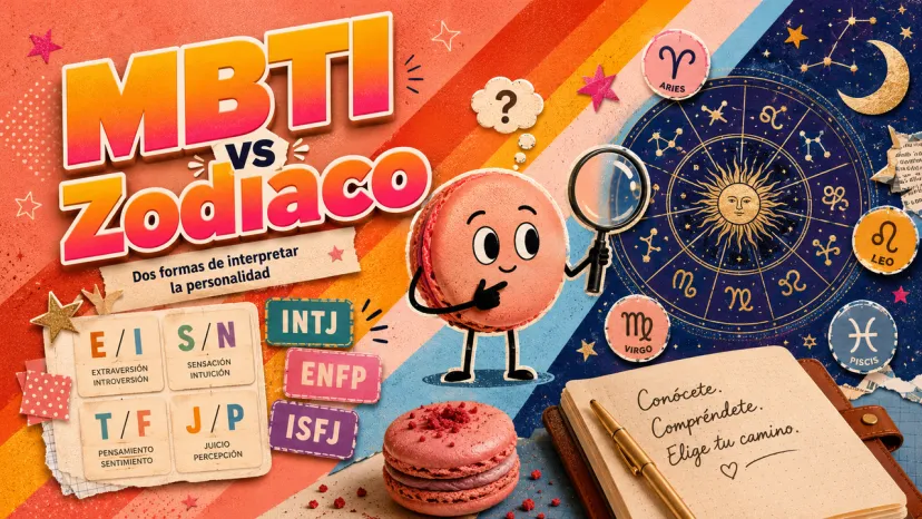 Banner promocional con un macarrón observando una carta astral y tarjetas de dicotomías MBTI.