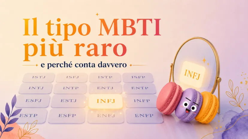 Il Tipo MBTI Più Raro e Importante Copertina illustrata sul tipo MBTI più raro INFJ con uno specchio e macaron colorati.