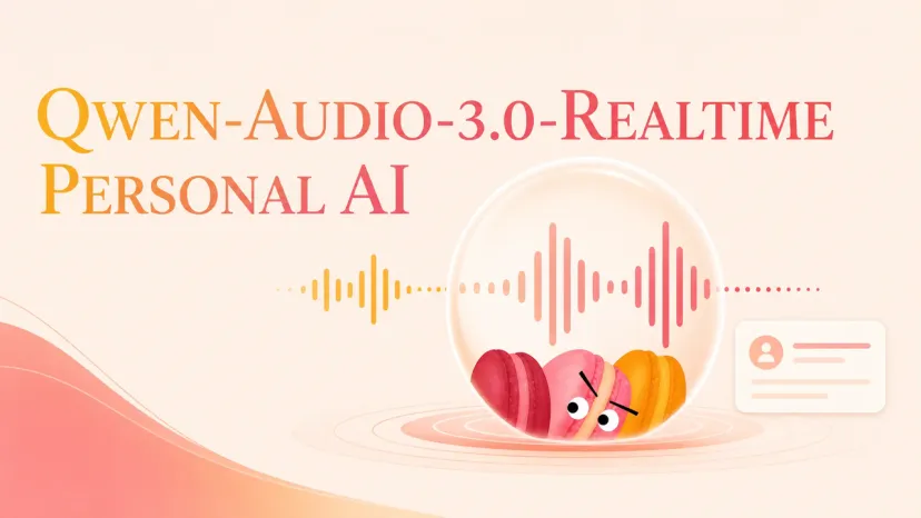 Qwen-Audio-3.0-Realtime Personal AI Feature Banner Banner introducing Qwen-Audio-3.0-Realtime personal AI with waveforms and character illustrations.