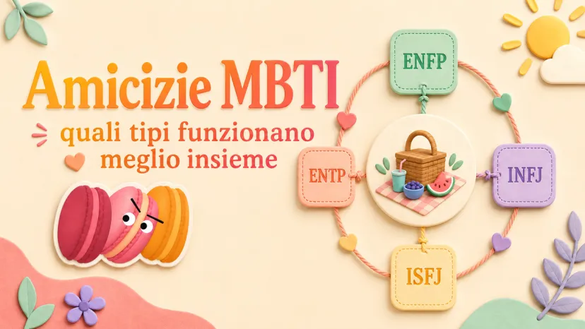 Copertina sulle amicizie del tipo MBTI con cestino da picnic e abbinamenti perfetti tra i profili.