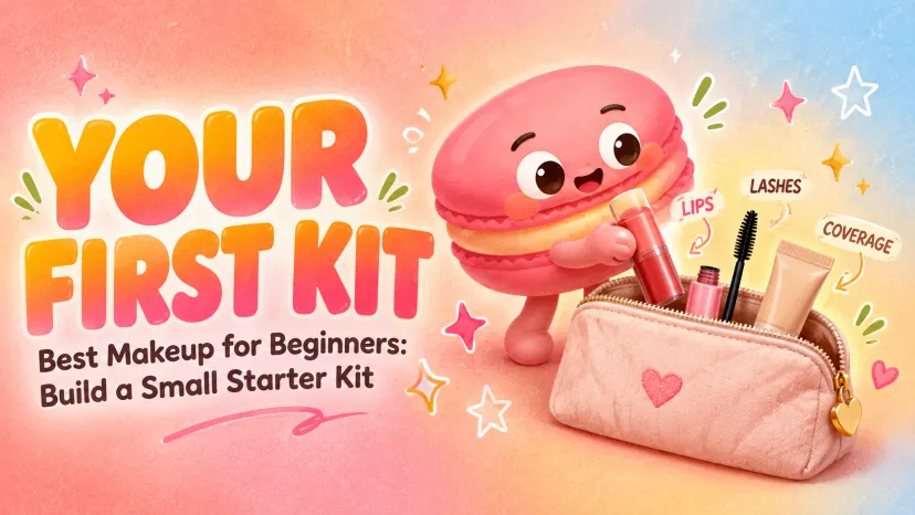 A cute macaron character holding the best makeup for beginners starter kit with lip, lash, and coverage products.