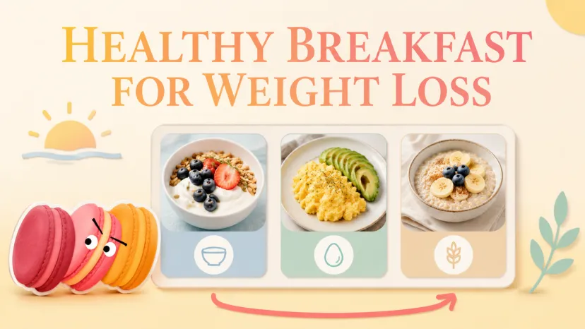 Yogurt bowl, scrambled eggs with avocado, and oatmeal options for a healthy breakfast for weight loss.