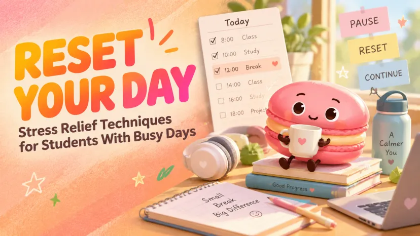 Stress relief tips for students illustrated with a cute macaron character resting on books with a daily planner. 