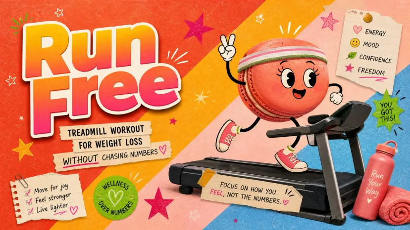 Run Free Treadmill Workout For Weight Loss Poster Cartoon macaron running on a machine, promoting a healthy treadmill workout for weight loss without chasing numbers.