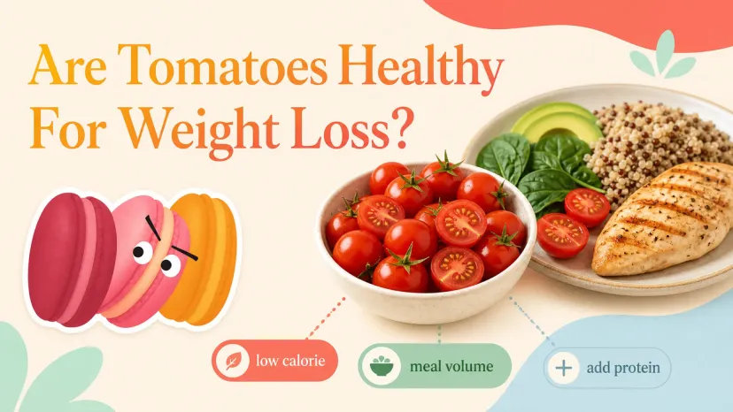 A bowl of cherry varieties next to a chicken and quinoa meal, illustrating why are tomatoes healthy for weight loss.