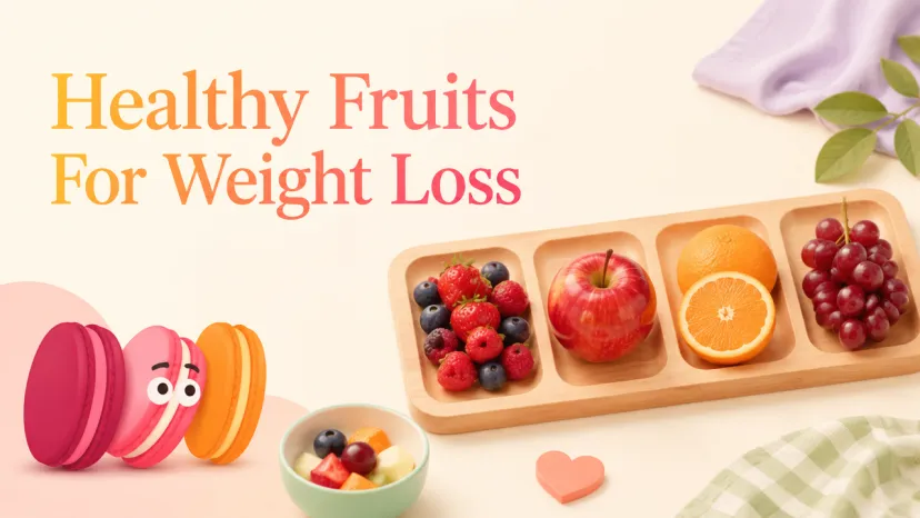 An apple, mandarin, and grapes next to a laptop serve as healthy fruits for weight loss at work.