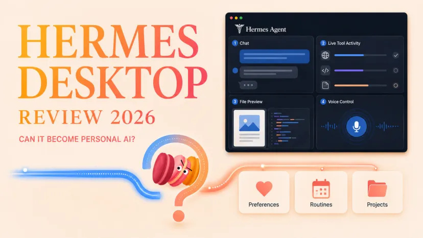Title banner for Hermes Desktop review showing chat, tool activity, file preview, and voice control.